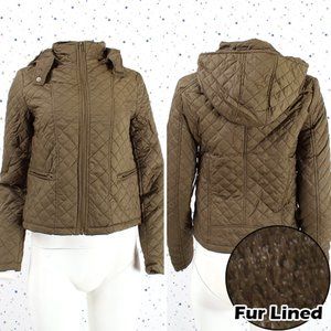 Fur Lined Quilted Removable Hood Zip Up Jacket